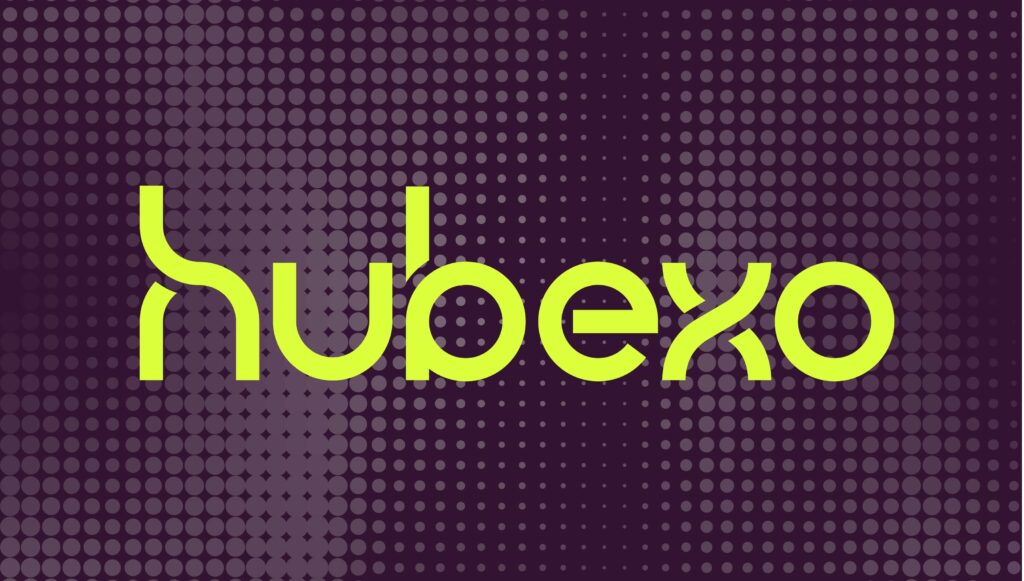 Hubexo logo in Atomic yellow on plum background